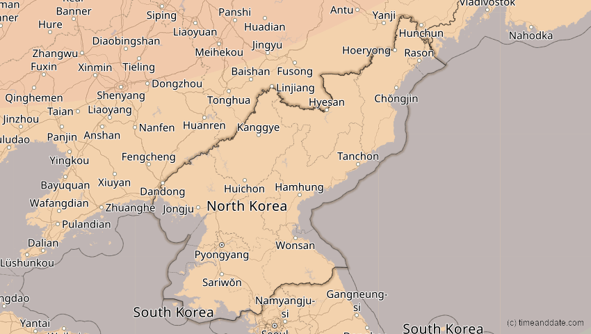 A map of Nordkorea, showing the path of the 26. Jan 2047 Partielle Sonnenfinsternis
