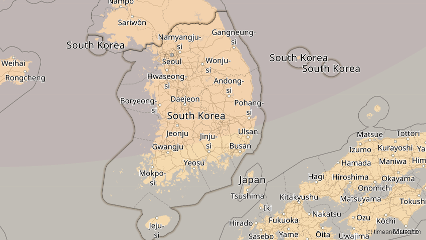 A map of Südkorea, showing the path of the 26. Jan 2047 Partielle Sonnenfinsternis