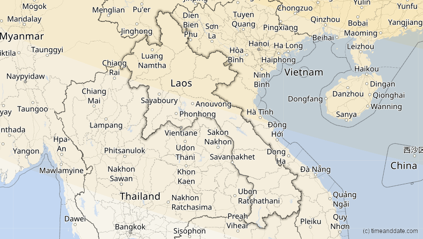 A map of Laos, showing the path of the 26. Jan 2047 Partielle Sonnenfinsternis