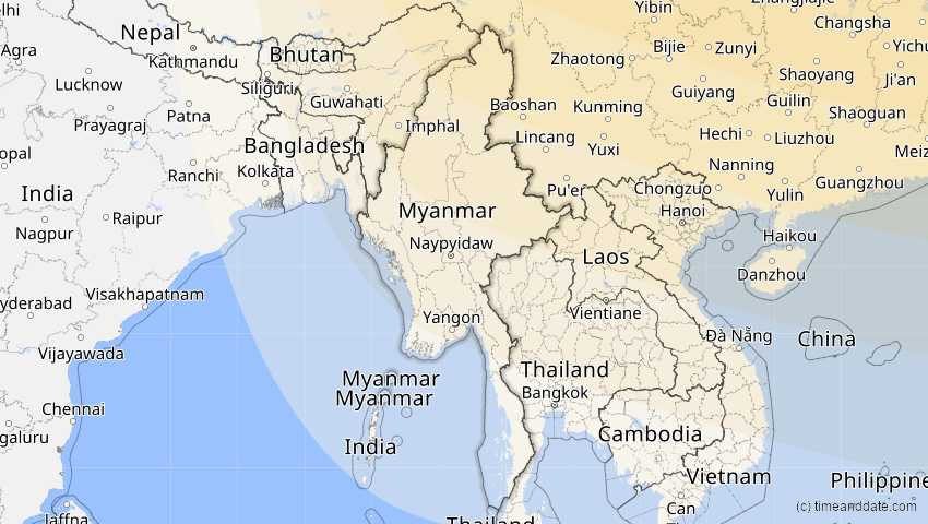 A map of Myanmar, showing the path of the 26. Jan 2047 Partielle Sonnenfinsternis