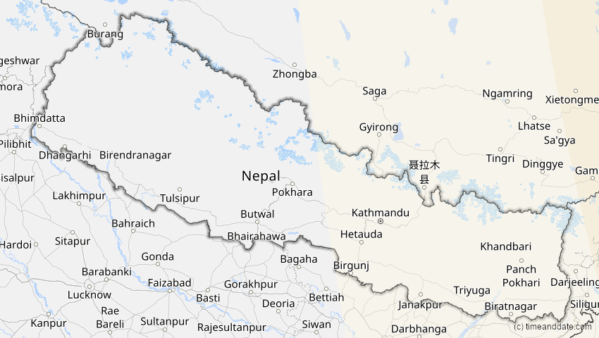 A map of Nepal, showing the path of the 26. Jan 2047 Partielle Sonnenfinsternis