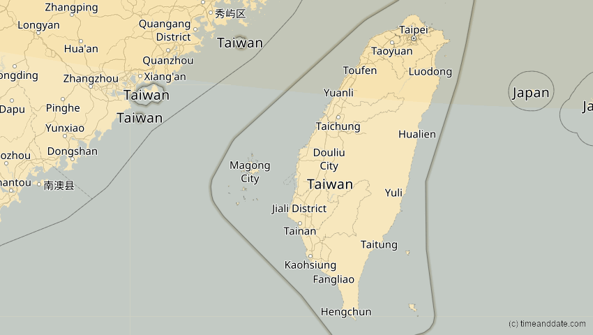 A map of Taiwan, showing the path of the 26. Jan 2047 Partielle Sonnenfinsternis