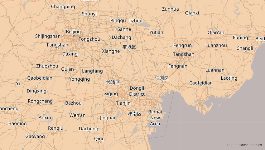A map of Tianjín, China, showing the path of the 26. Jan 2047 Partielle Sonnenfinsternis