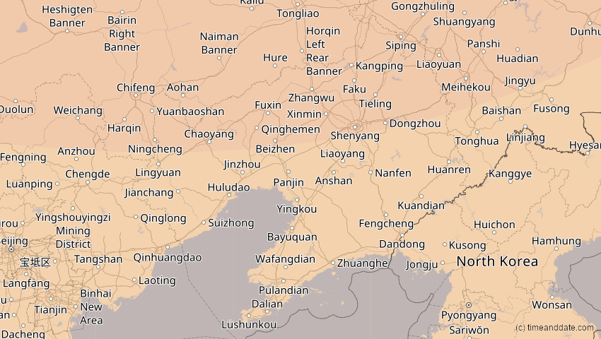 A map of Liaoning, China, showing the path of the 26. Jan 2047 Partielle Sonnenfinsternis