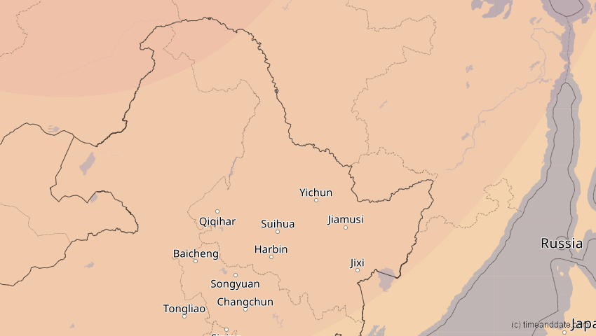 A map of Heilongjiang, China, showing the path of the 26. Jan 2047 Partielle Sonnenfinsternis