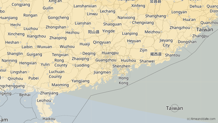 A map of Guangdong, China, showing the path of the 26. Jan 2047 Partielle Sonnenfinsternis