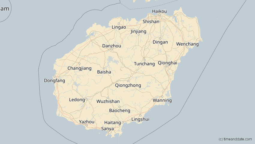 A map of Hainan, China, showing the path of the 26. Jan 2047 Partielle Sonnenfinsternis