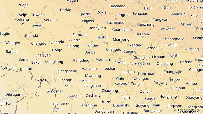 A map of Sichuan, China, showing the path of the 26. Jan 2047 Partielle Sonnenfinsternis