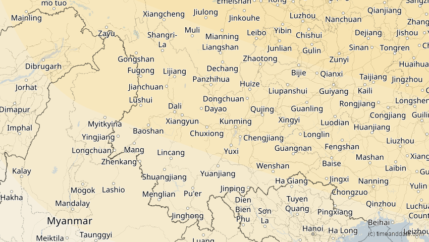 A map of Yunnan, China, showing the path of the 26. Jan 2047 Partielle Sonnenfinsternis