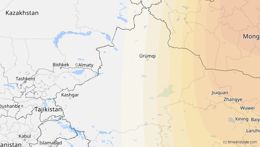 A map of Xinjiang, China, showing the path of the 26. Jan 2047 Partielle Sonnenfinsternis