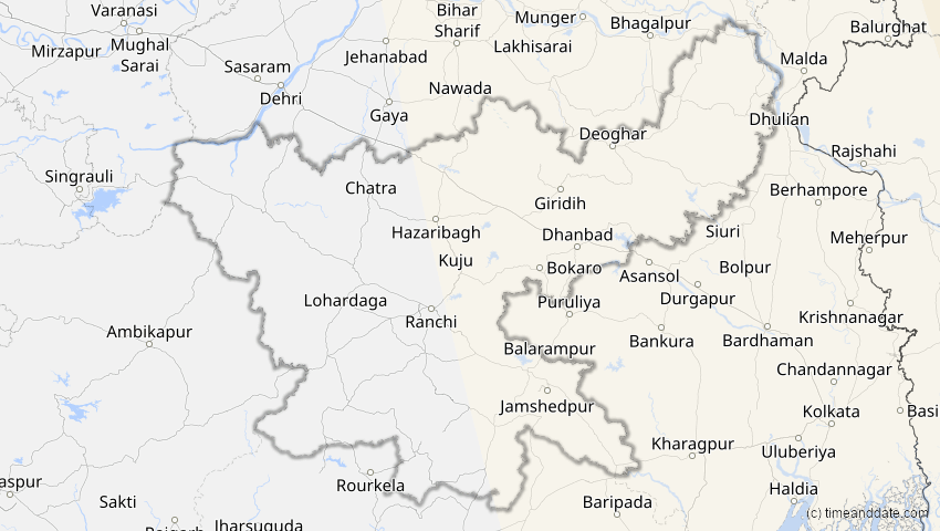 A map of Jharkhand, Indien, showing the path of the 26. Jan 2047 Partielle Sonnenfinsternis