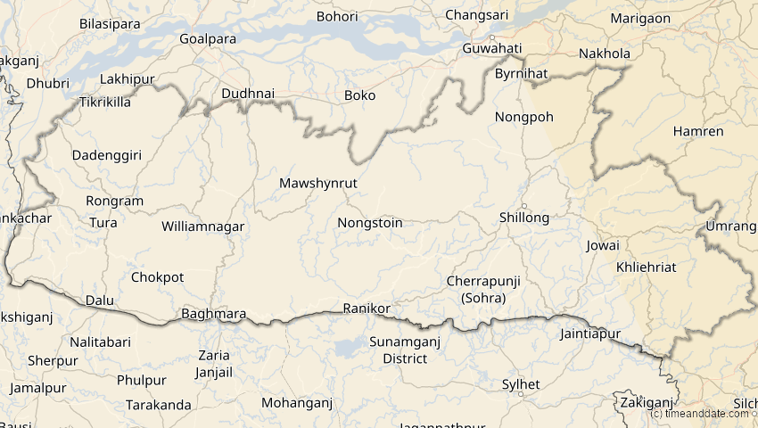 A map of Meghalaya, Indien, showing the path of the 26. Jan 2047 Partielle Sonnenfinsternis