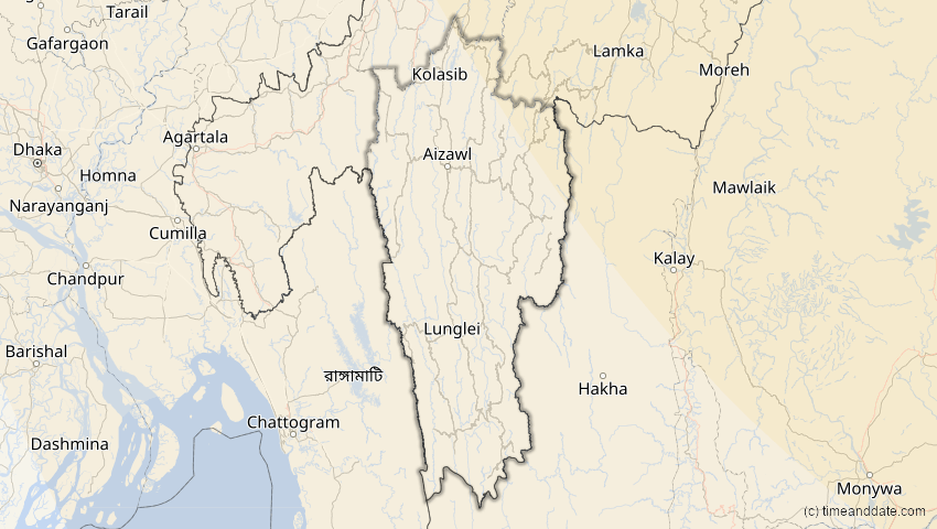 A map of Mizoram, Indien, showing the path of the 26. Jan 2047 Partielle Sonnenfinsternis