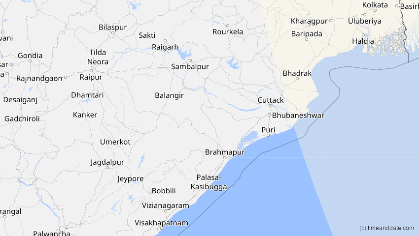 A map of Odisha, Indien, showing the path of the 26. Jan 2047 Partielle Sonnenfinsternis