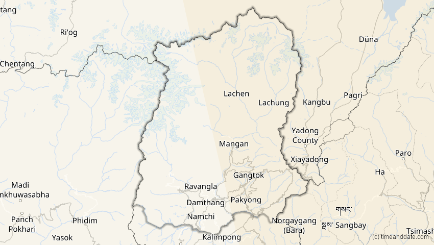 A map of Sikkim, Indien, showing the path of the 26. Jan 2047 Partielle Sonnenfinsternis