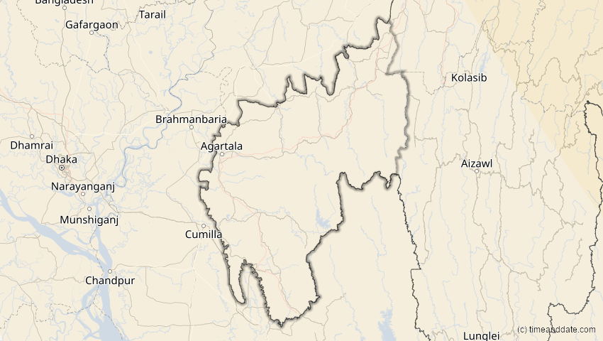 A map of Tripura, Indien, showing the path of the 26. Jan 2047 Partielle Sonnenfinsternis