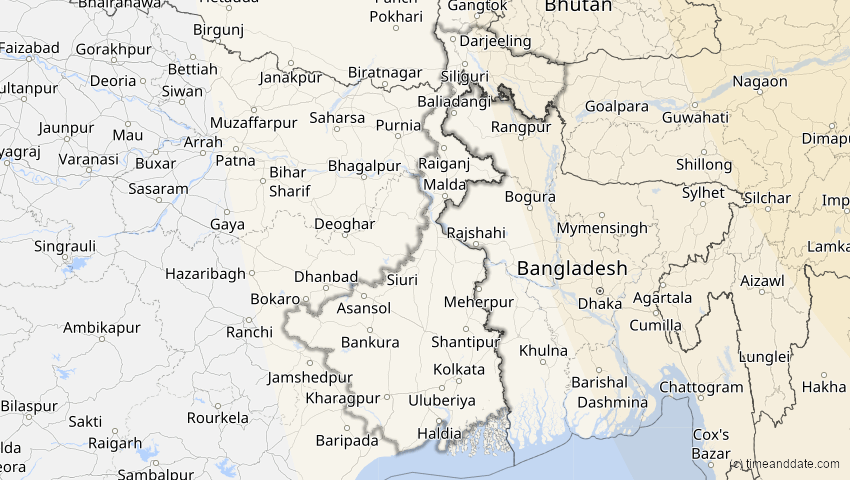 A map of Westbengalen, Indien, showing the path of the 26. Jan 2047 Partielle Sonnenfinsternis