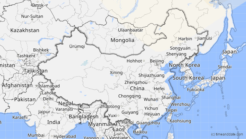 A map of China, showing the path of the 23. Jun 2047 Partielle Sonnenfinsternis