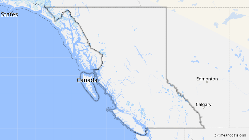 A map of British Columbia, Kanada, showing the path of the 23. Jun 2047 Partielle Sonnenfinsternis