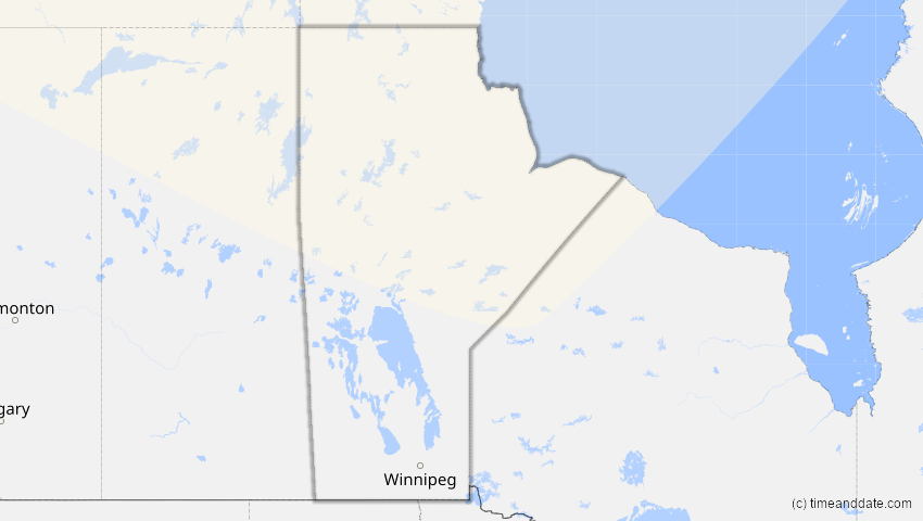 A map of Manitoba, Kanada, showing the path of the 23. Jun 2047 Partielle Sonnenfinsternis