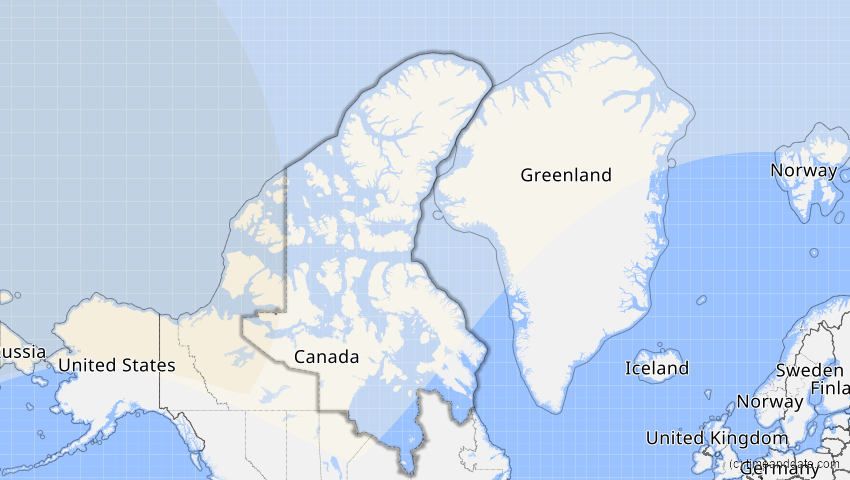 A map of Nunavut, Kanada, showing the path of the 23. Jun 2047 Partielle Sonnenfinsternis