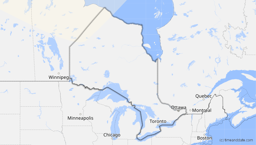 A map of Ontario, Kanada, showing the path of the 23. Jun 2047 Partielle Sonnenfinsternis