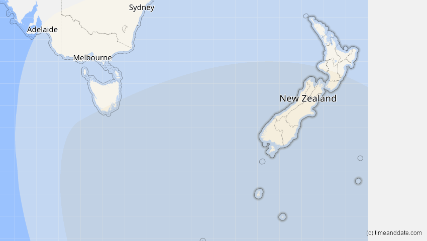 A map of Neuseeland, showing the path of the 23. Jul 2047 Partielle Sonnenfinsternis