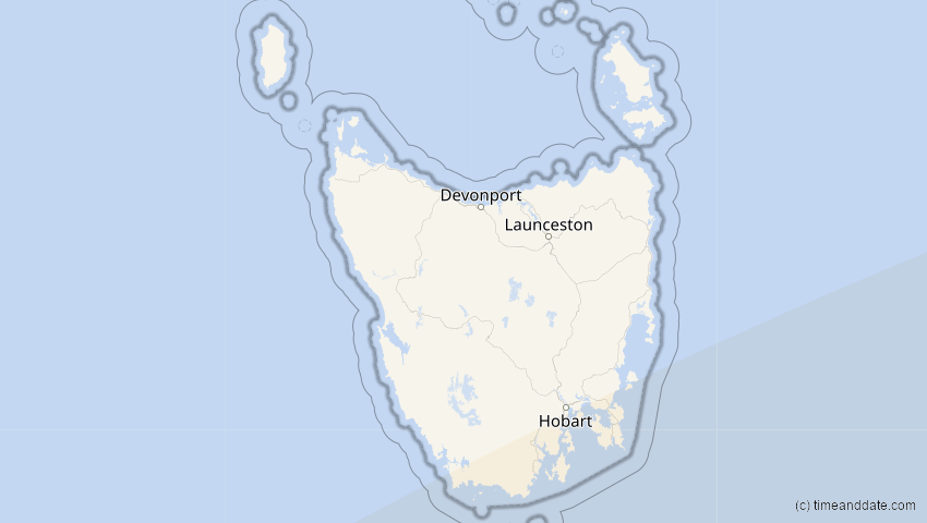 A map of Tasmanien, Australien, showing the path of the 23. Jul 2047 Partielle Sonnenfinsternis
