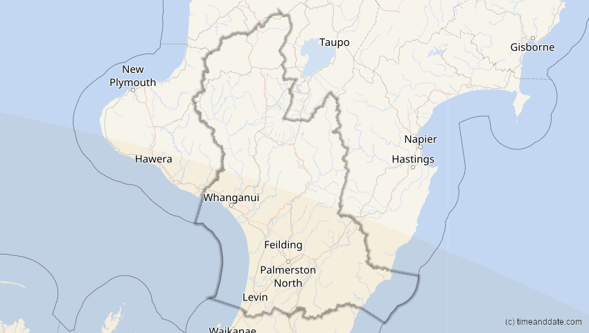 A map of Manawatu-Whanganui, Neuseeland, showing the path of the 23. Jul 2047 Partielle Sonnenfinsternis
