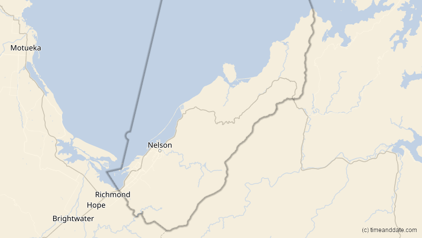 A map of Nelson, Neuseeland, showing the path of the 23. Jul 2047 Partielle Sonnenfinsternis