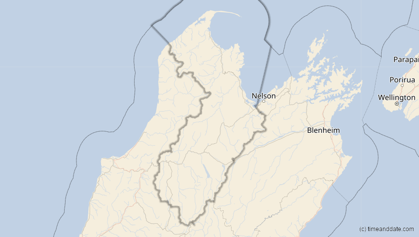 A map of Tasman, Neuseeland, showing the path of the 23. Jul 2047 Partielle Sonnenfinsternis