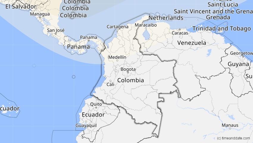 A map of Kolumbien, showing the path of the 11. Jun 2048 Ringförmige Sonnenfinsternis