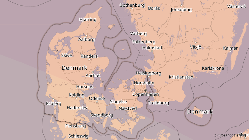 A map of Dänemark, showing the path of the 11. Jun 2048 Ringförmige Sonnenfinsternis