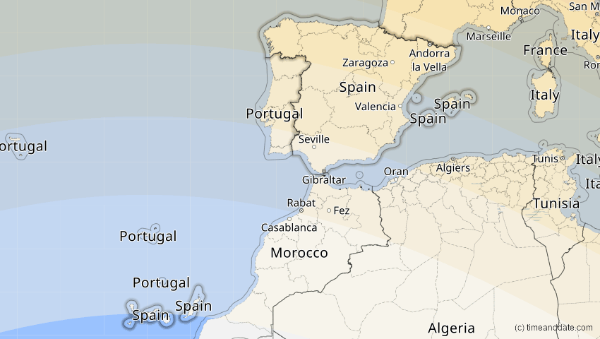 A map of Spanien, showing the path of the 11. Jun 2048 Ringförmige Sonnenfinsternis