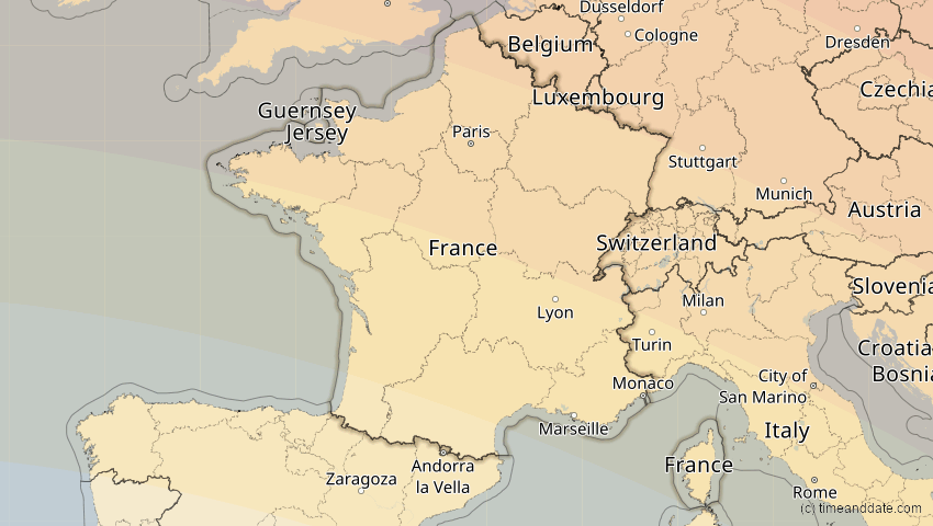 A map of Frankreich, showing the path of the 11. Jun 2048 Ringförmige Sonnenfinsternis