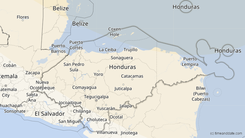 A map of Honduras, showing the path of the 11. Jun 2048 Ringförmige Sonnenfinsternis