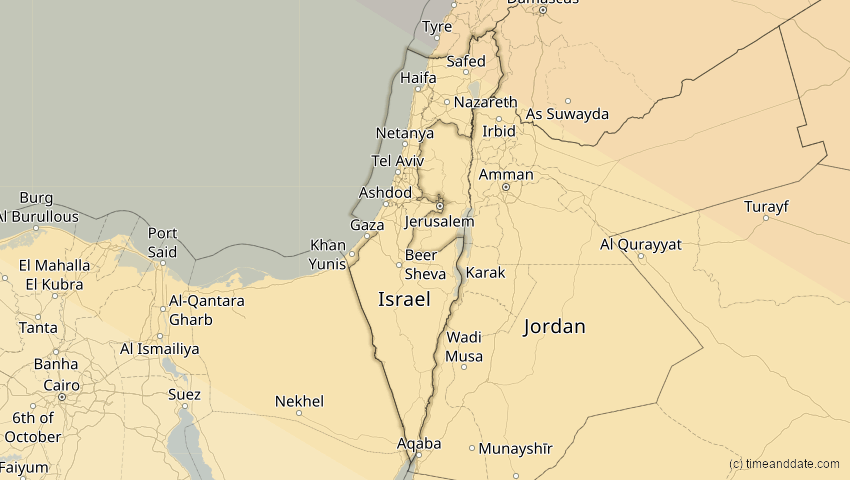 A map of Israel, showing the path of the 11. Jun 2048 Ringförmige Sonnenfinsternis