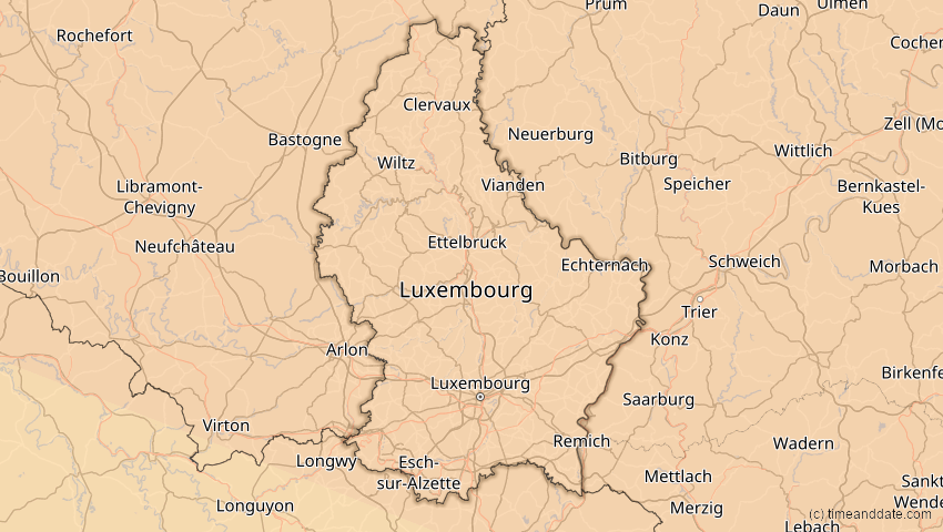 A map of Luxemburg, showing the path of the 11. Jun 2048 Ringförmige Sonnenfinsternis