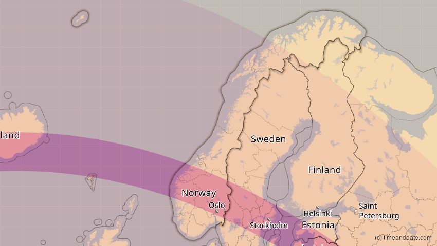 A map of Norwegen, showing the path of the 11. Jun 2048 Ringförmige Sonnenfinsternis