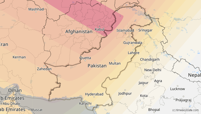 A map of Pakistan, showing the path of the 11. Jun 2048 Ringförmige Sonnenfinsternis
