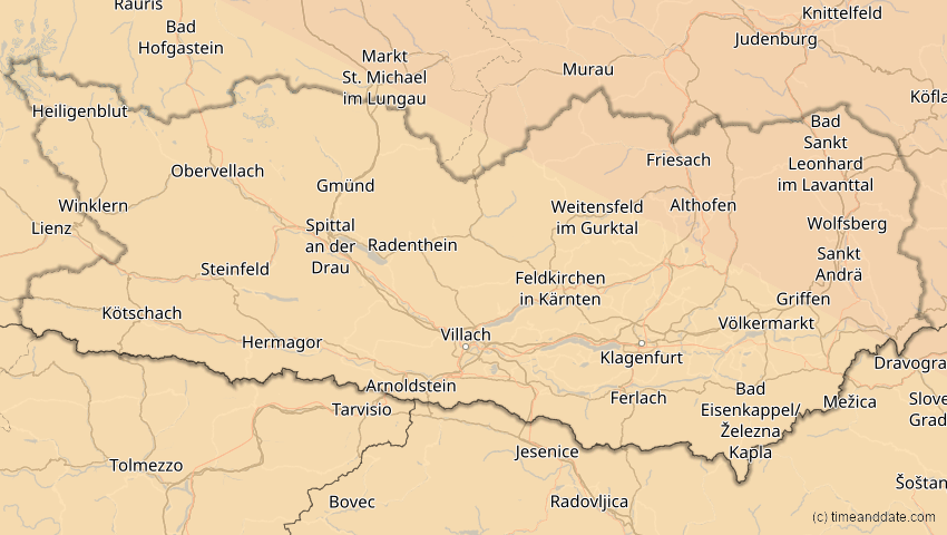A map of Kärnten, Österreich, showing the path of the 11. Jun 2048 Ringförmige Sonnenfinsternis