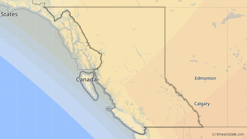 A map of British Columbia, Kanada, showing the path of the 11. Jun 2048 Ringförmige Sonnenfinsternis