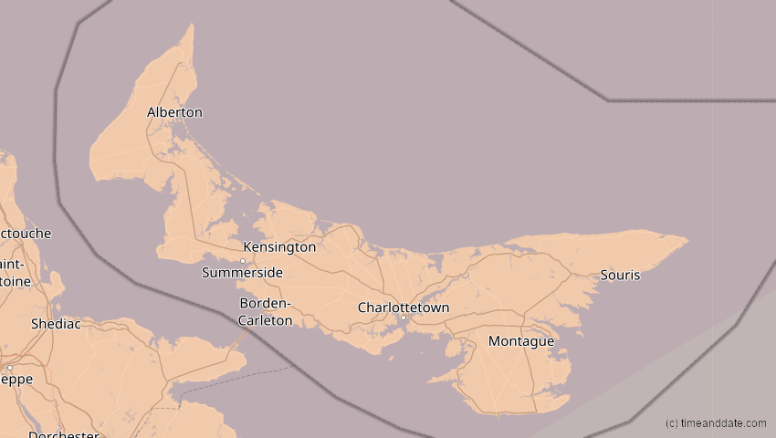A map of Prince Edward Island, Kanada, showing the path of the 11. Jun 2048 Ringförmige Sonnenfinsternis
