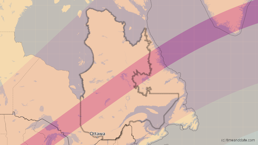 A map of Québec, Kanada, showing the path of the 11. Jun 2048 Ringförmige Sonnenfinsternis