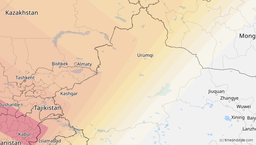 A map of Xinjiang, China, showing the path of the 11. Jun 2048 Ringförmige Sonnenfinsternis