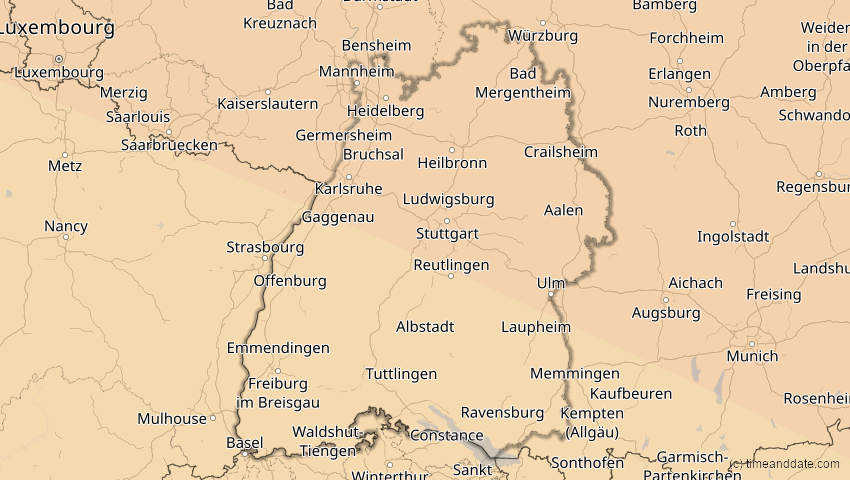 A map of Baden-Württemberg, Deutschland, showing the path of the 11. Jun 2048 Ringförmige Sonnenfinsternis