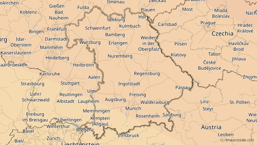 A map of Bayern, Deutschland, showing the path of the 11. Jun 2048 Ringförmige Sonnenfinsternis