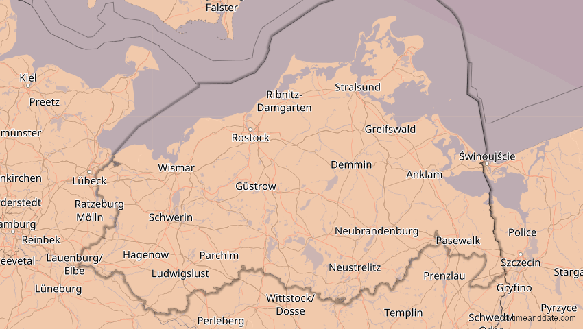 A map of Mecklenburg-Vorpommern, Deutschland, showing the path of the 11. Jun 2048 Ringförmige Sonnenfinsternis