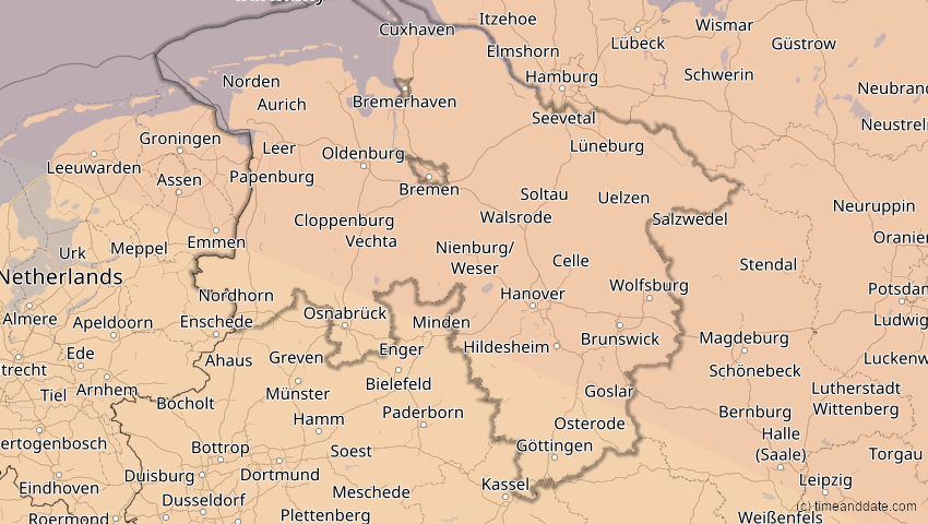 A map of Niedersachsen, Deutschland, showing the path of the 11. Jun 2048 Ringförmige Sonnenfinsternis