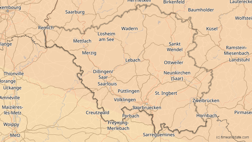 A map of Saarland, Deutschland, showing the path of the 11. Jun 2048 Ringförmige Sonnenfinsternis